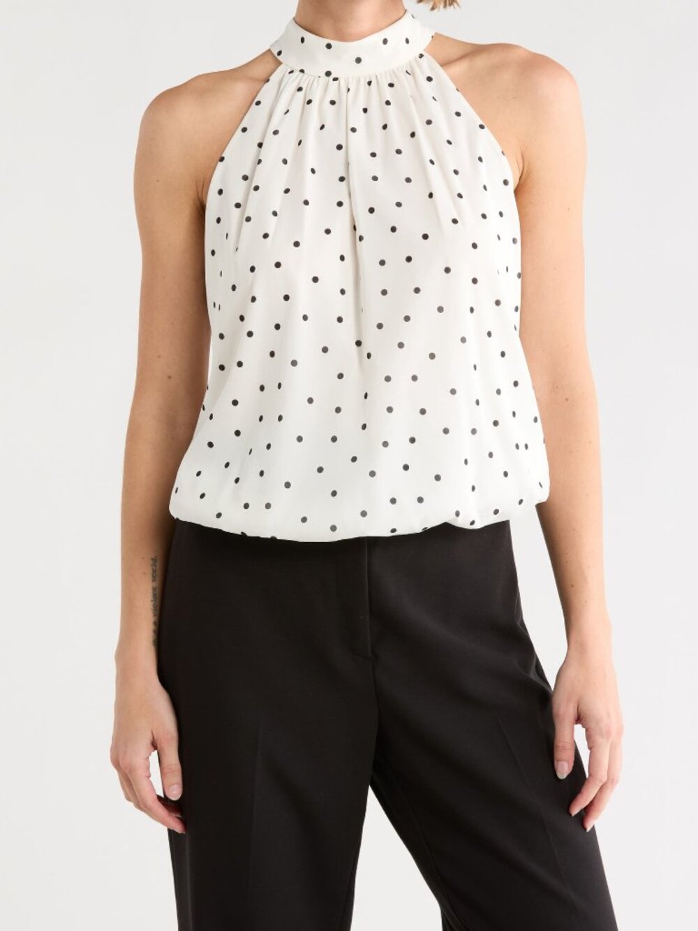 NWT ALICE + OLIVIA Maris Halter Neck Silk Top Polka Dot Antique White M